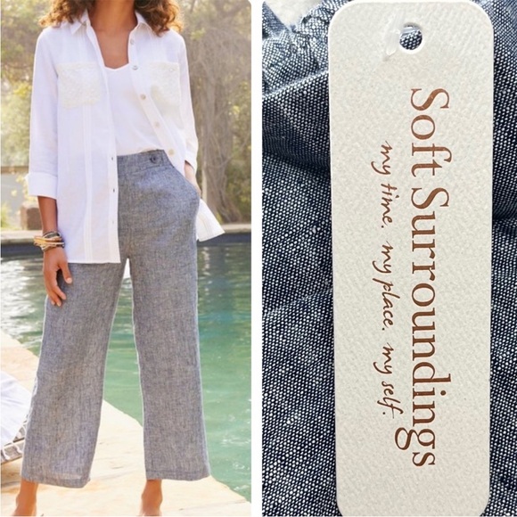 Soft Surroundings Pants - SOFT SURROUNDINGS NWT ALISO POINT LINEN WIDE LEG CROP PANTS BLUE SMALL
